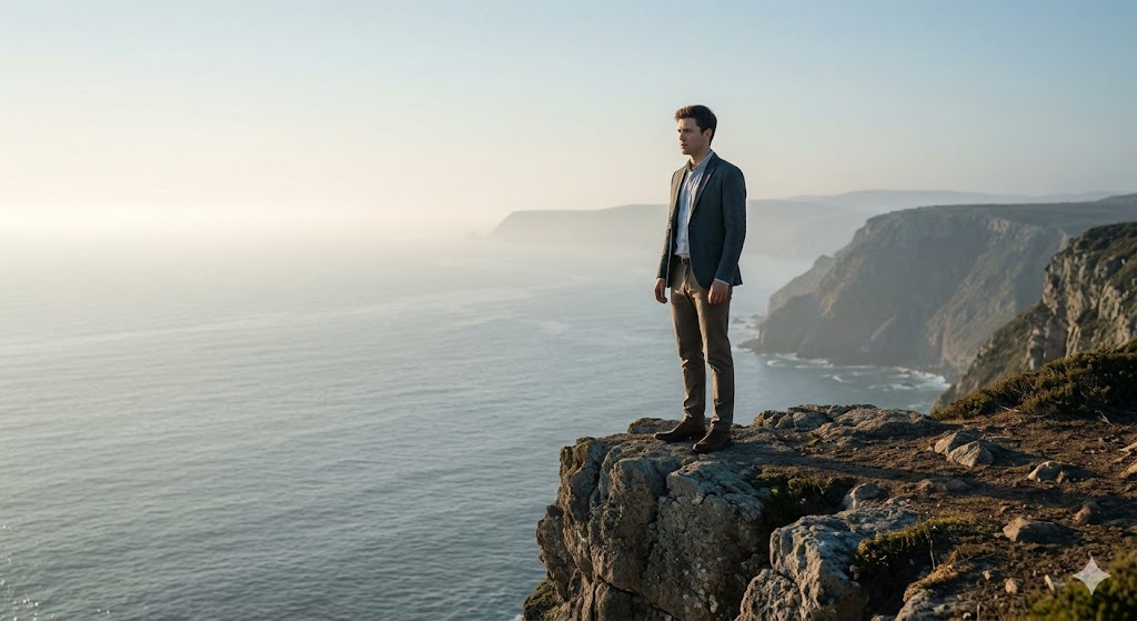 A man standing by a cliff on the coast
