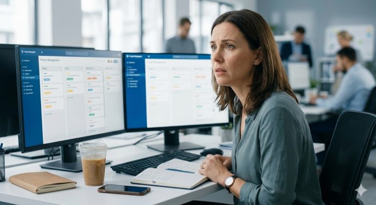 An image of a middle manager at a desk: Why mid-level managers struggle under pressure — and what actually helps them improve In most large UK organisations, the transition into management is still treated as a logical next step. High performers are promoted, given a short burst of training, and expected to lead.