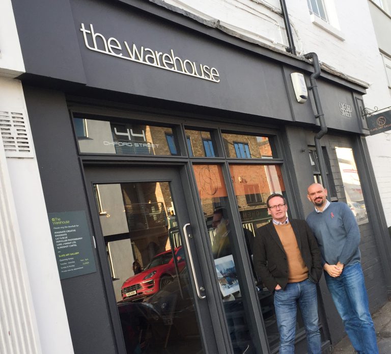 Rob Harrison and David Wilson standing outside The Warehouse in Leamington Spa