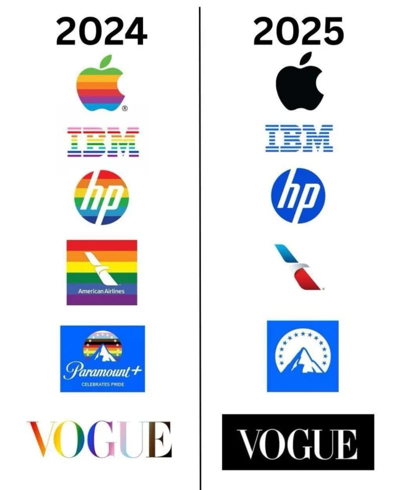 Comparison of major company logos in 2024 and 2025 highlights the Pride and power of authentic branding—rainbow colors shine in 2024, while standard logo colors return in 2025 for Apple, IBM, HP, American Airlines, Paramount+, and Vogue.