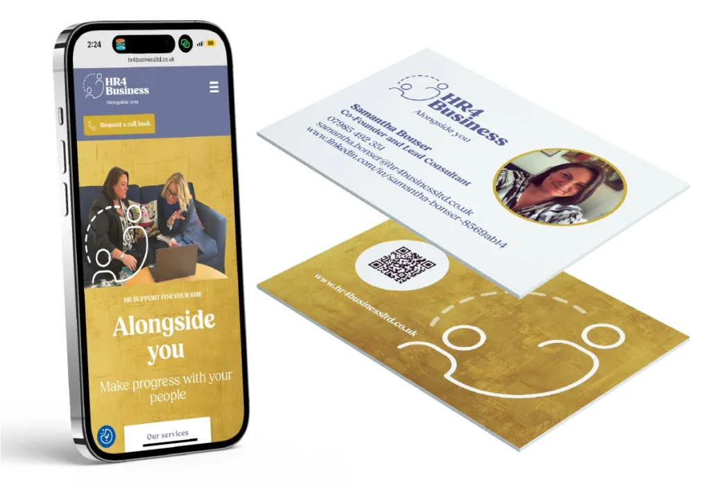 A smartphone displays the HR4 Business website next to two business cards, highlighting brand creation for HR Business with contact details, a photo, company logo, and a QR code on a gold background.