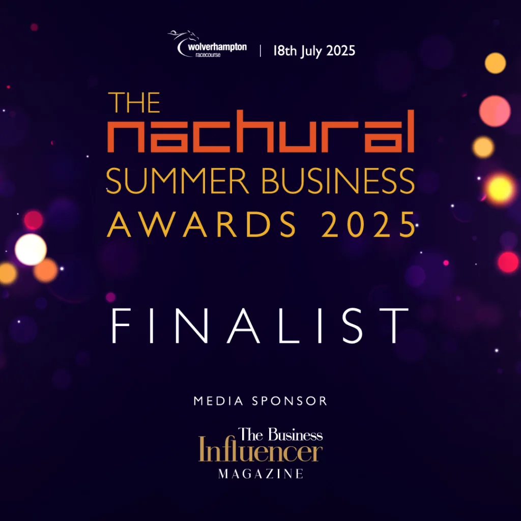 An announcement graphic for the Nachural Summer Business Awards 2025, featuring FINALISTS, event date 18th July 2025 in Wolverhampton, and media sponsor The Business Influencer Magazine, set against a dark purple bokeh background.