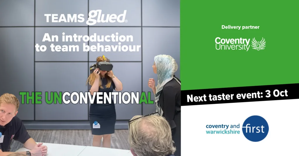 A woman wearing a VR headset stands at a table with three colleagues in a modern meeting room. Text reads: “Teams Glued. An introduction to team behaviour.” Discover our Autumn Taster Events. Event details and partner logos appear on the right.