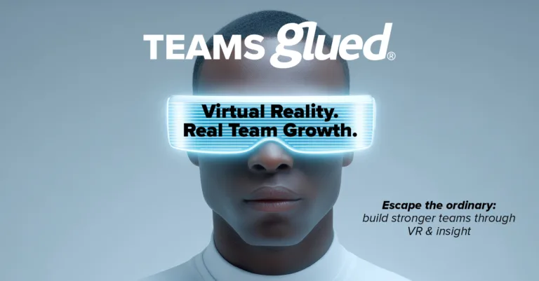 A person wearing futuristic VR goggles is centered on a light blue background. Above is Teams Glued. Goggles read Virtual Reality. Real Team Growth. Additional text promotes team building through VR with autumn taster events now available.