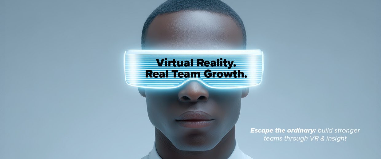 teams-glued-header A person wearing futuristic VR goggles with the words Virtual Reality: Real Team Growth. displayed on the lenses; text below reads, Escape the ordinary: try our team building programme to reduce conflict in your organisation through VR & insight.