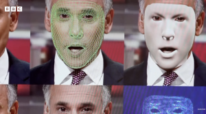 A collage shows a man's face overlaid with digital effects—a green wireframe, white mask, and blue scan—illustrating facial mapping and deepfake technology. The BBC logo in the corner hints at lessons about trust during the BBC crisis.