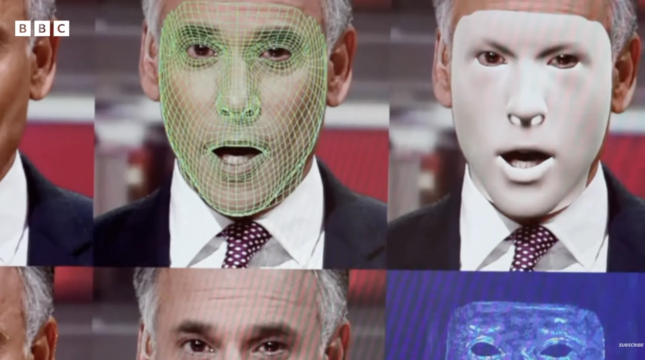 A collage shows a man's face overlaid with digital effects—a green wireframe, white mask, and blue scan—illustrating facial mapping and deepfake technology. The BBC logo in the corner hints at lessons about trust during the BBC crisis.
