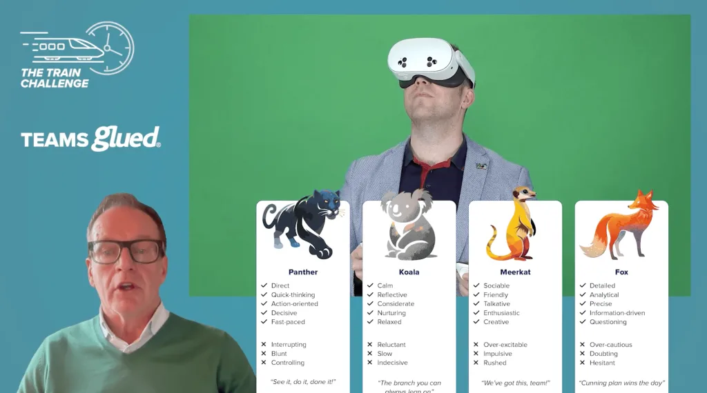 A man in a green sweater speaks on the left, while another person wearing a VR headset stands on the right. In the center, four animal cards highlight personality traits—perfect for The Train Challenge or Teams Glued activities.