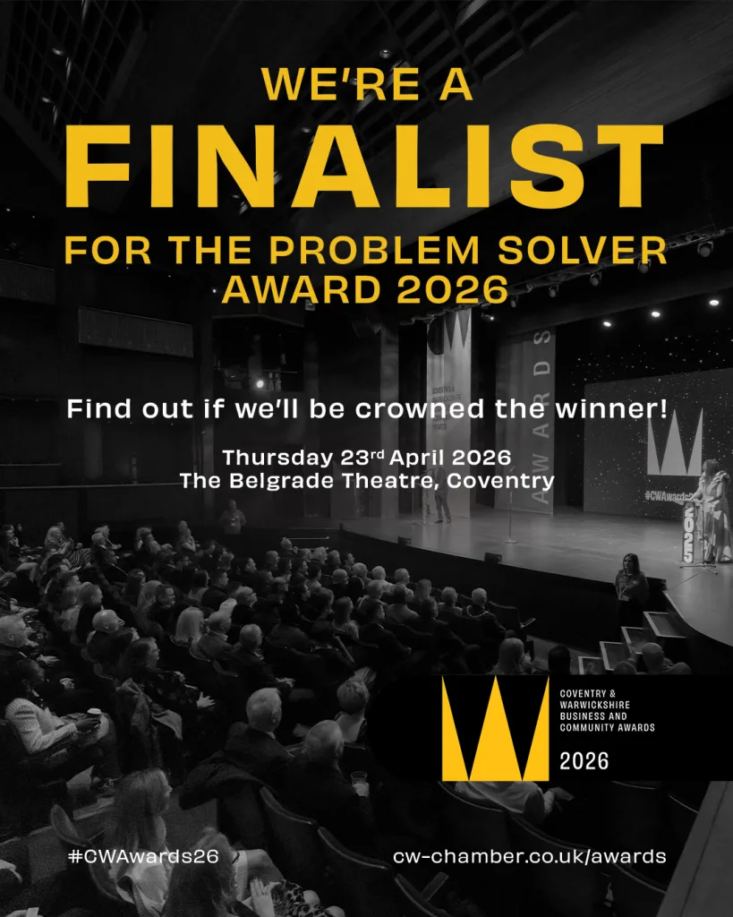 A poster announces being a Problem Solver Award finalist at the Coventry & Warwickshire Chamber Awards 2026, with event details for April 23 at the Belgrade Theatre, Coventry, and a photo of a glued audience watching a stage presentation.