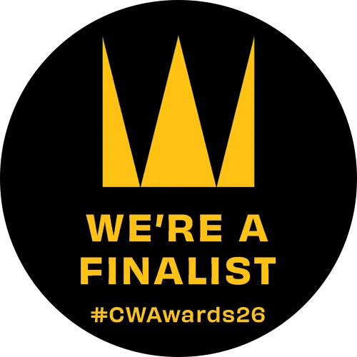 A black circle with a large yellow crown icon above the words WERE A FINALIST and the hashtag #CWAwards26 in yellow text, celebrating The Problem Solver at the Coventry & Warwickshire Chamber Awards.