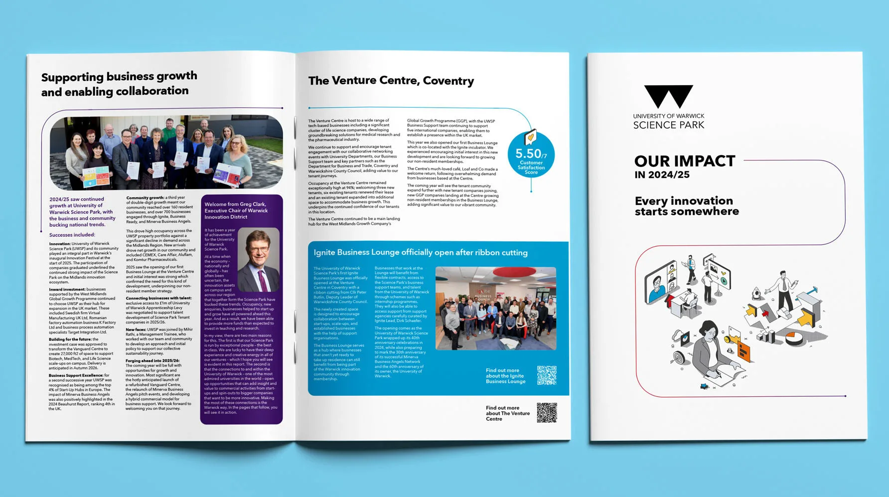 Three open magazine pages on a blue background showcase the literature design for the University of Warwick Science Park Impact report, featuring articles, event photos, statistics, and bold headlines about innovation and business growth.