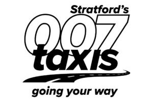 Black text logo on a white background featuring Stratfords above 007 taxis, with a curving road graphic below and the phrase going your way at the bottom, crafted by a leading branding agency in Warwickshire.