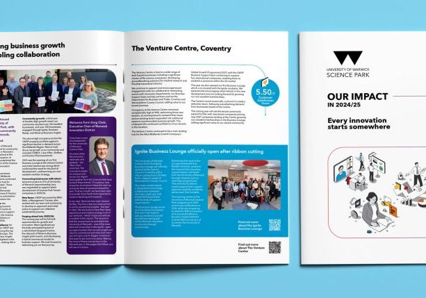 Three open magazine pages on a blue background showcase the literature design for the University of Warwick Science Park Impact report, featuring articles, event photos, statistics, and bold headlines about innovation and business growth.