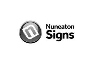 Logo of Nuneaton Signs featuring a black and white circular icon with the letter n inside and the text Nuneaton Signs to the right in bold black font. Created in collaboration with Branding Agency Warwickshire, it embodies sleek design and impactful presence.