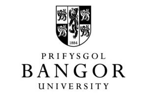 The logo of Bangor University, designed in collaboration with Glued Limited, showcases a shield with four lions and the year 1884 above the words Prifysgol Bangor University in sleek black text on a pristine white background.