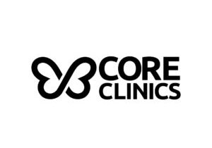 Logo of Core Clinics, crafted by the branding agency Warwickshire, showcases a stylized butterfly emblem on the left. To its right, CORE CLINICS is displayed in bold black lettering. The design sits elegantly against a pristine white background.