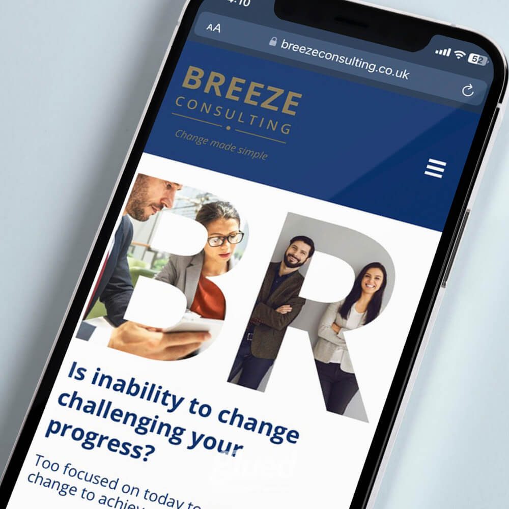 Glued Limited creative work: A smartphone displays the Breeze Consulting website, showing the company logo, navigation menu, and a banner with three people standing next to large letters BR. The screen includes text about changing and progress.