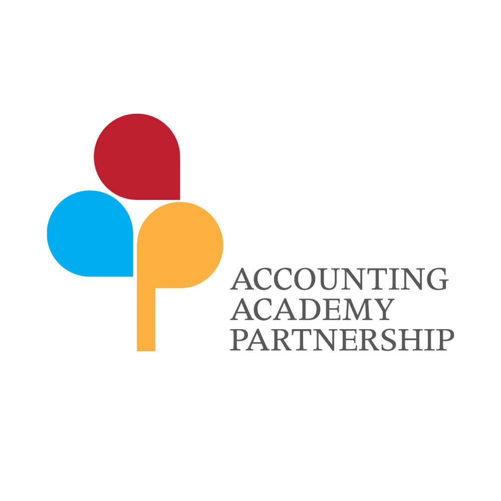 Glued Limited creative work: Logo with three stylised shapes in red, blue, and yellow forming a tree-like figure on the left, and the text ACCOUNTING ACADEMY PARTNERSHIP in grey, stacked on the right.