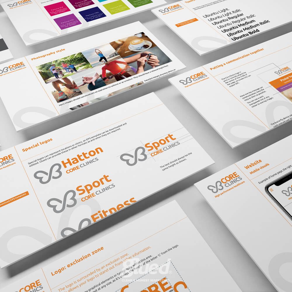 Glued Limited creative work: Several printed branding guideline sheets for “Core Clinics” are laid out, showing logo designs, colour palettes, typography, photography styles, and usage rules in a clean, organised layout.