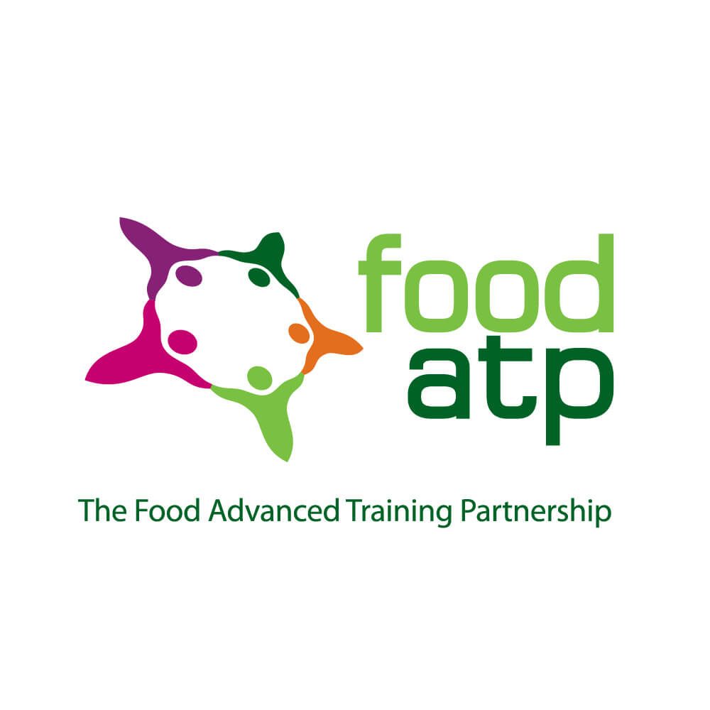 Glued Limited creative work: Logo for Food ATP (The Food Advanced Training Partnership) featuring a colourful abstract shape with five circular nodes next to green text that reads food atp and the full name written below.