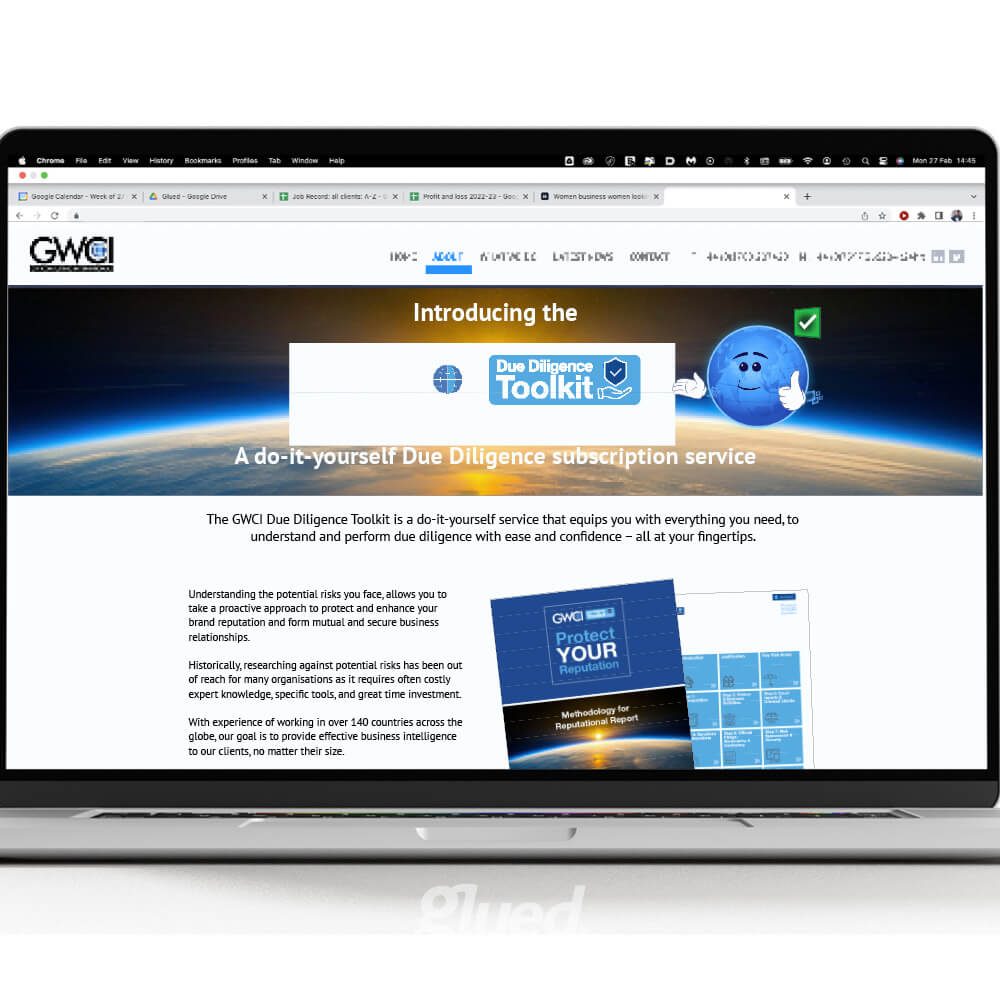 Glued Limited creative work: A laptop displays the GWCI website featuring the Due Diligence Toolkit subscription service with a blue banner, a cartoon character, and text describing the toolkit for performing due diligence online.