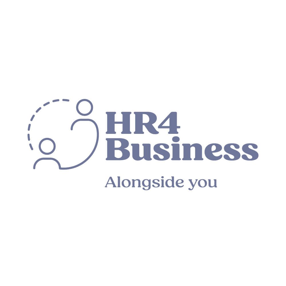 Glued Limited creative work: Logo with two simple, abstract human figures, one solid and one dashed, next to the text HR4 Business and the tagline Alongside you, all in a muted purple colour on a white background.