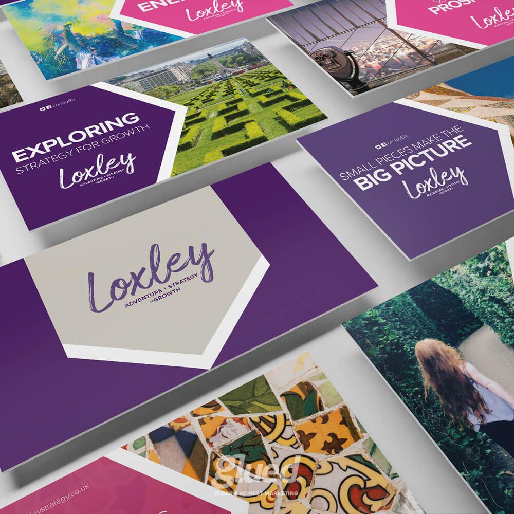 Glued Limited creative work: A flat lay of colourful presentation slides featuring photos, geometric designs, and text titles like “Exploring Strategy for Growth” and “Small Pieces Make the Big Picture,” all branded with the name “Loxley”.