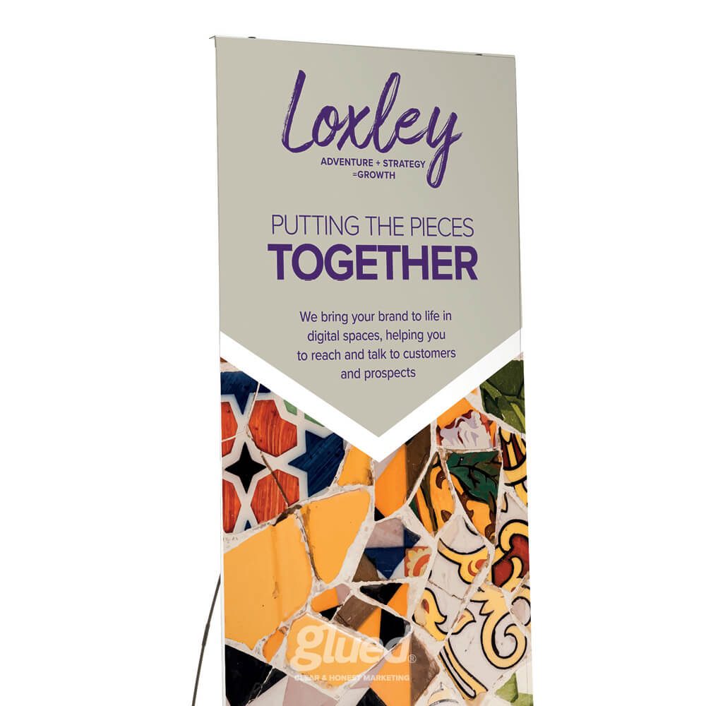 Glued Limited creative work: A vertical banner with the Loxley logo and the text Adventure • Strategy • Growth. Below, it says, Putting the pieces together, above a mosaic pattern, and includes information about digital branding services.