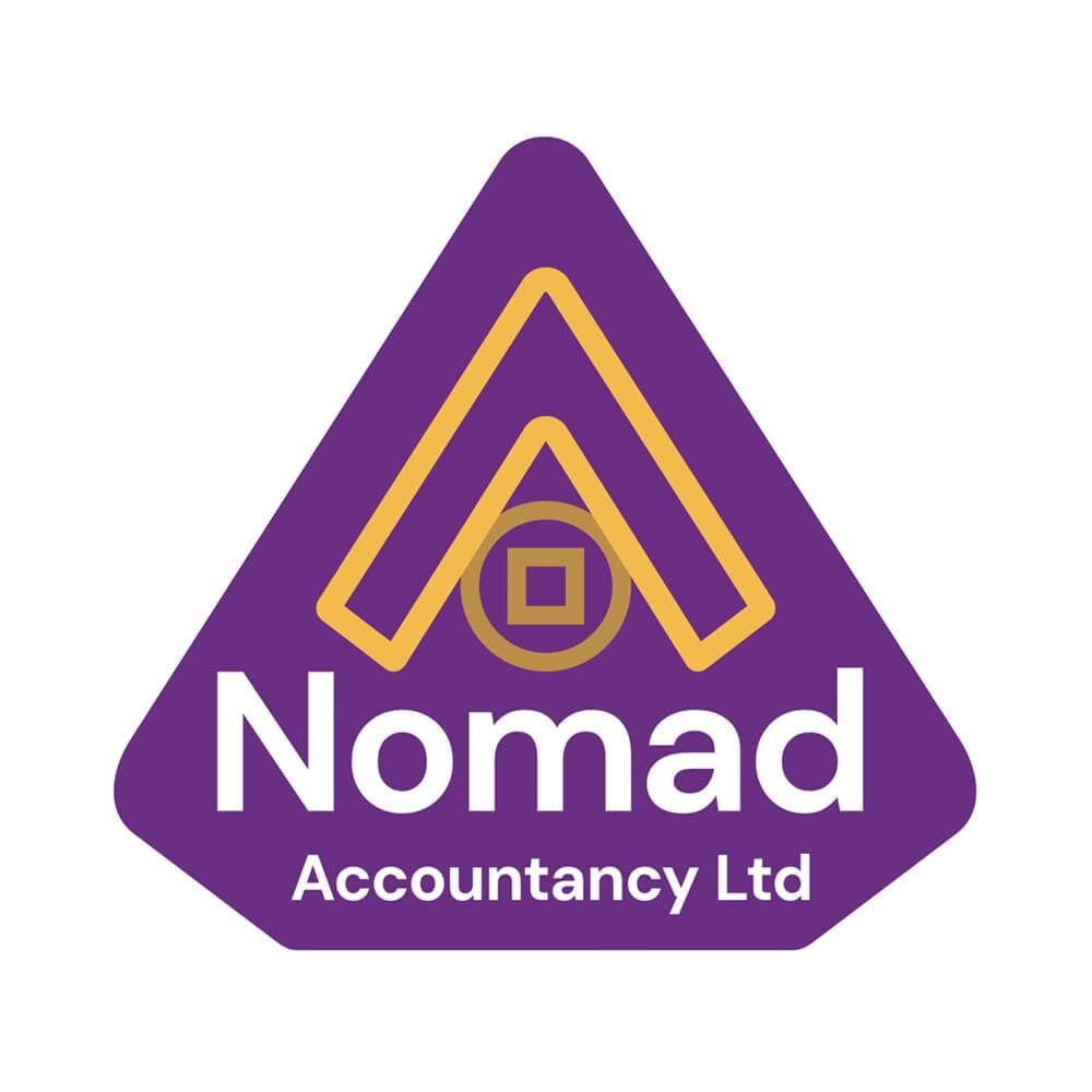 Glued Limited creative work: A purple triangular logo with yellow lines forming an abstract A and a circle with a square inside. Below, the text reads Nomad Accountancy Ltd in white letters.