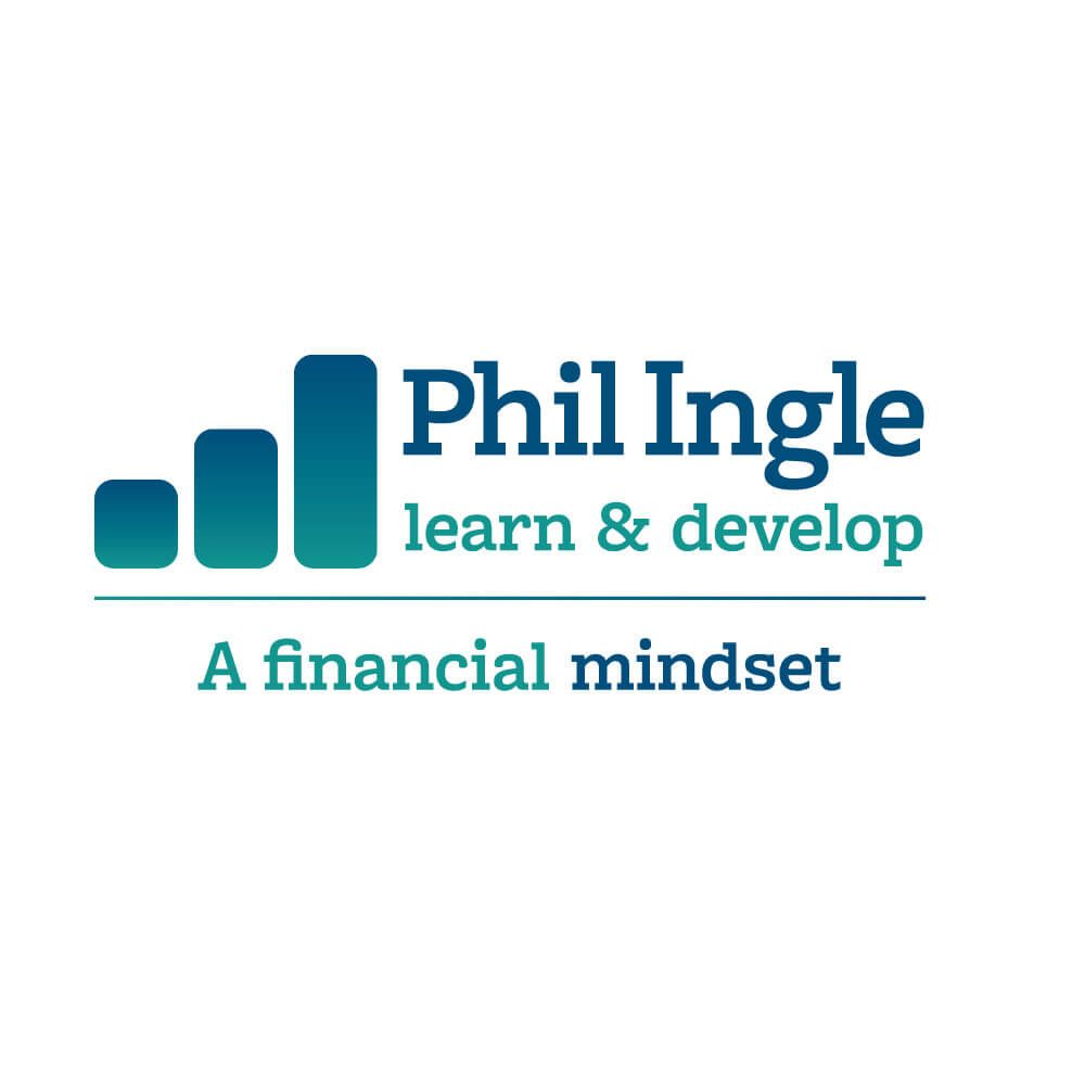 Glued Limited creative work: Logo with three ascending blue-green bars, followed by the text Phil Ingle learn & develop above a line, and below it, A financial mindset in green and blue. The design suggests financial growth and education.