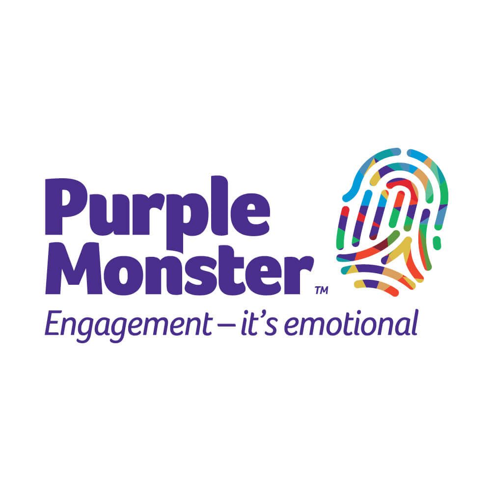 Glued Limited creative work: Purple Monster logo with a colourful fingerprint design and the text Purple Monster in bold purple letters. Below, it reads, Engagement – it’s emotional in italic purple font. White background.