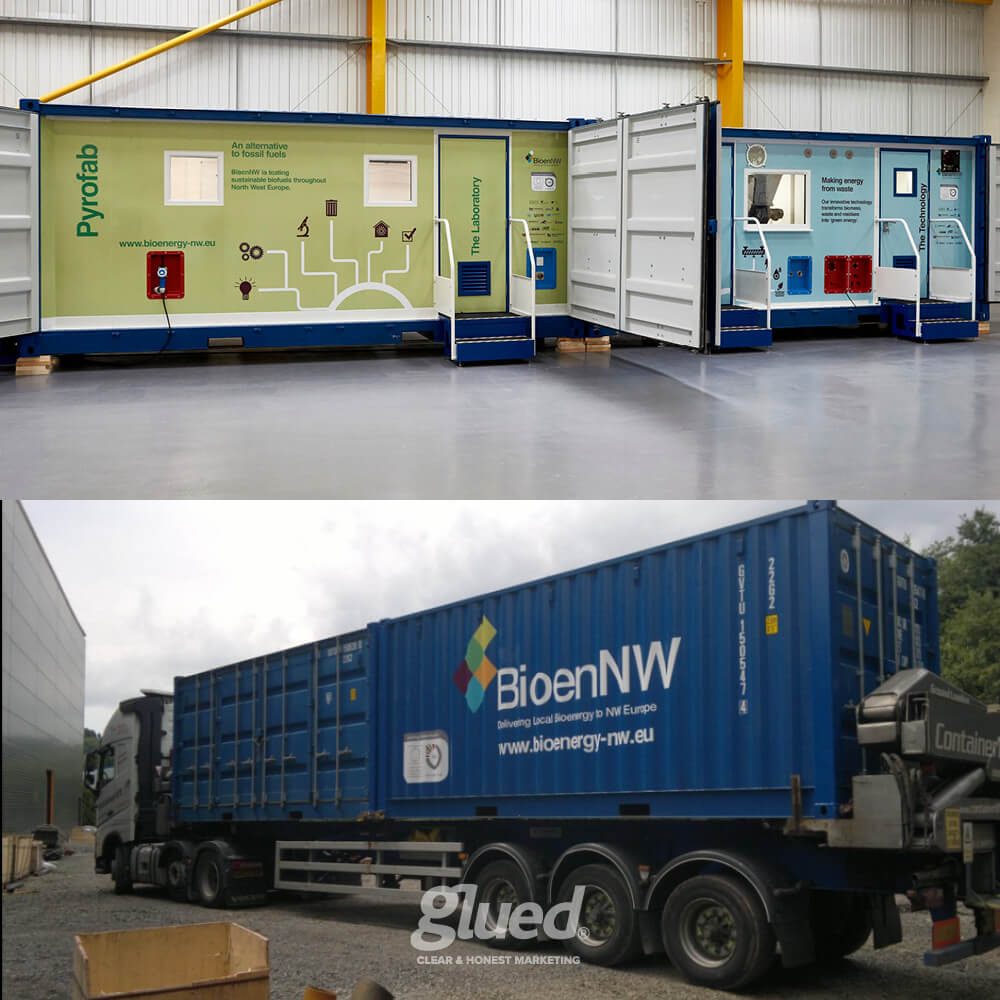 Glued Limited creative work: Two images: Top—an open, white-and-blue mobile lab container with PyroLab signage and equipment inside. Bottom—a long, blue shipping container labelled BioenNW on a flatbed lorry, outdoors.