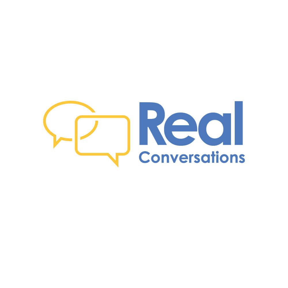 Glued Limited creative work: Logo with two overlapping yellow speech bubbles on the left and the words Real Conversations in blue text on the right, all on a white background.