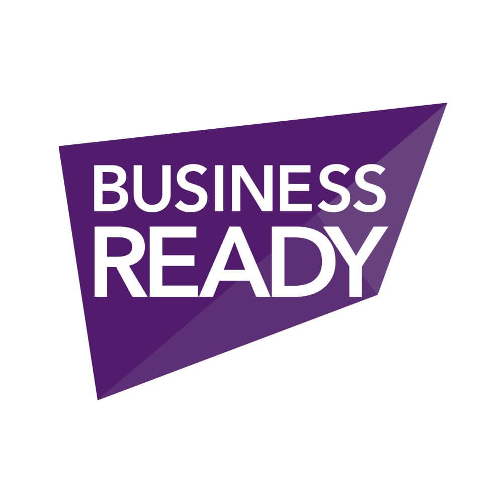 Glued Limited creative work: Purple geometric shape with the words BUSINESS READY in bold white capital letters on a white background.