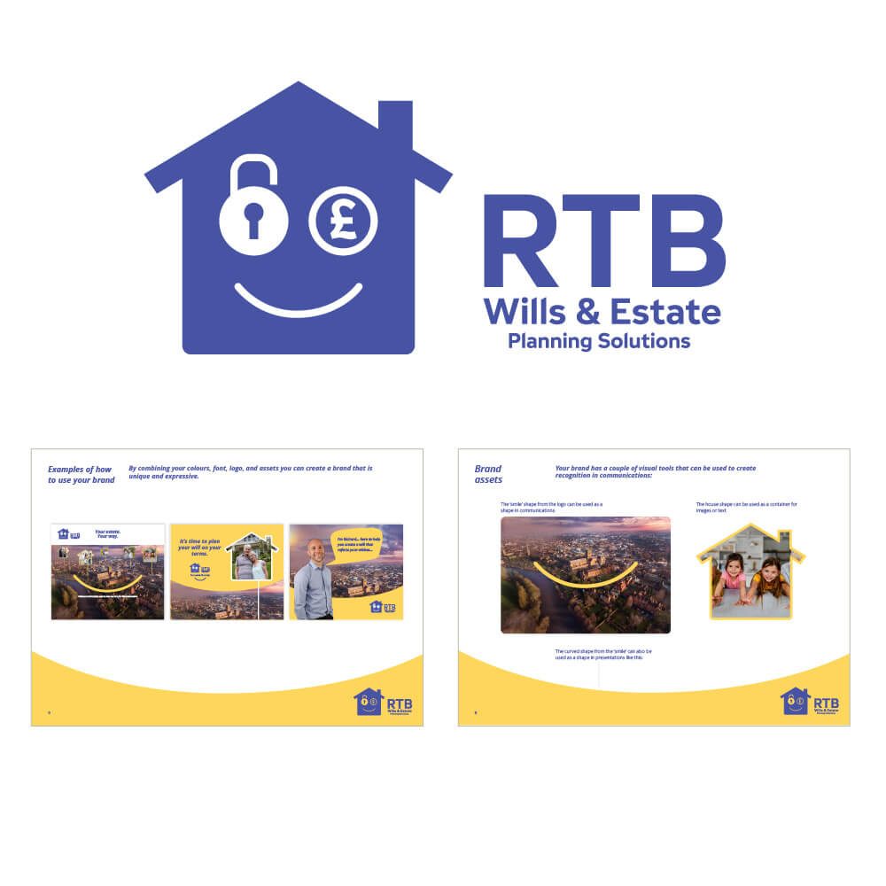 Glued Limited creative work: Promotional image for RTB Wills & Estate Planning Solutions featuring a purple house logo with a smiley face, padlock, and pound sign, plus two brochure pages with estate planning examples and family images.