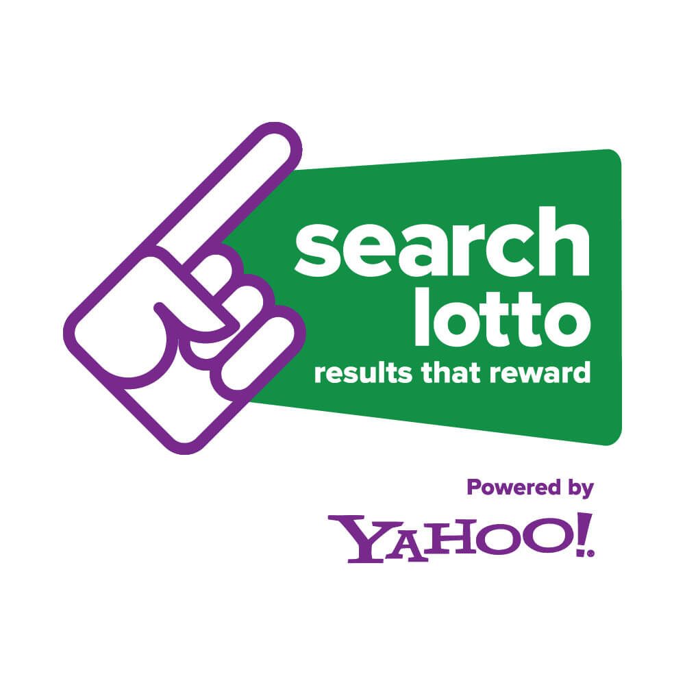 Glued Limited creative work: A purple outlined hand points to a green sign with the text search lotto results that reward. Below the sign, the words Powered by Yahoo! appear in purple.