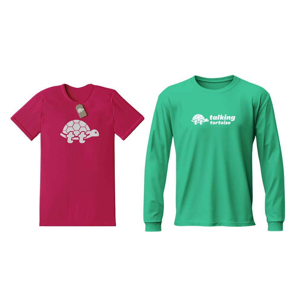 Glued Limited creative work: A red short-sleeve T-shirt with a cartoon tortoise graphic beside a green long-sleeve shirt with talking tortoise text and a tortoise graphic on the chest.