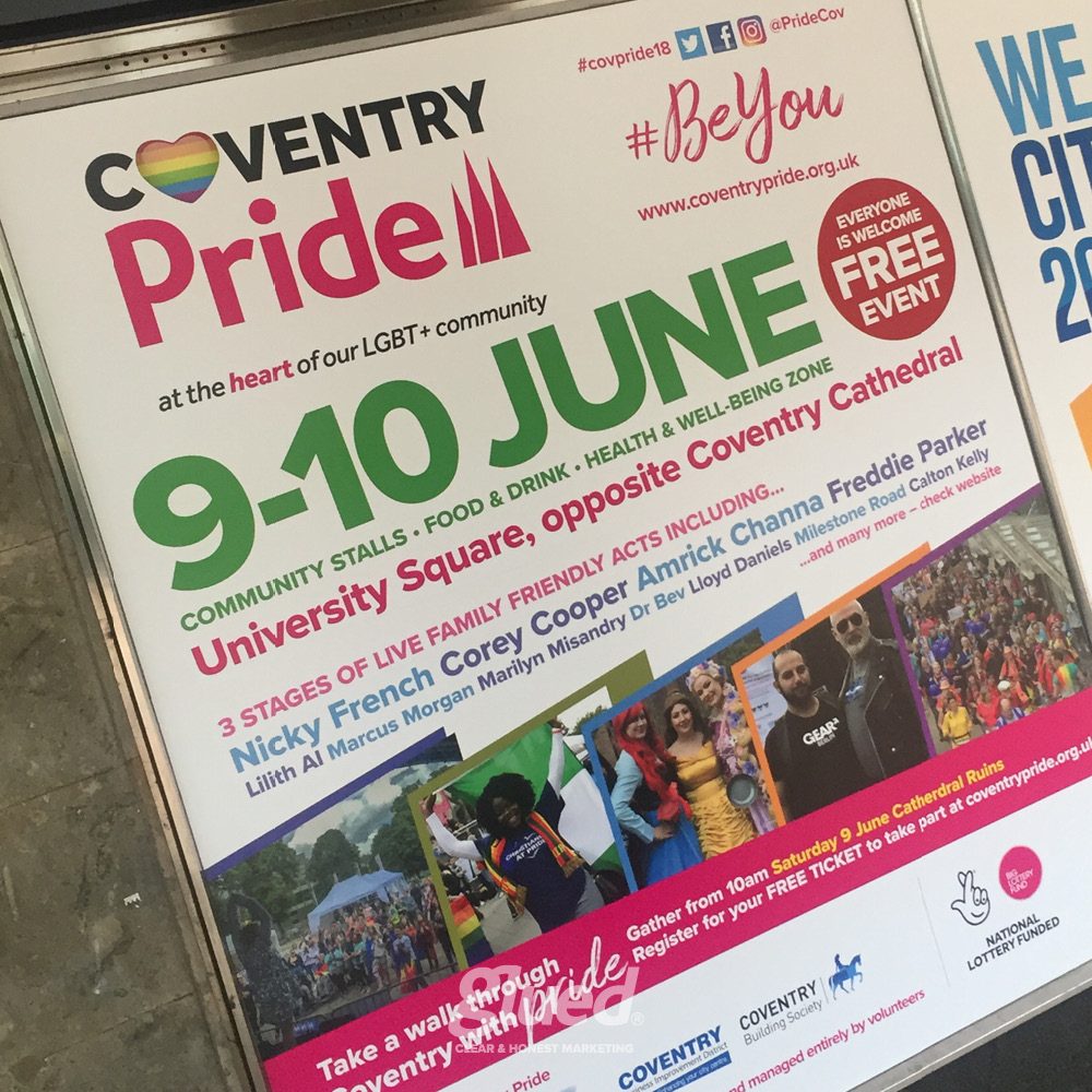 Glued Limited creative work: A colourful poster for Coventry Pride, a free LGBT+ event on 9–10 June at University Square, Coventry. Highlighting live music, food, family activities, and photos of celebrations, it’s part of marketing campaigns to reach like-minded people.