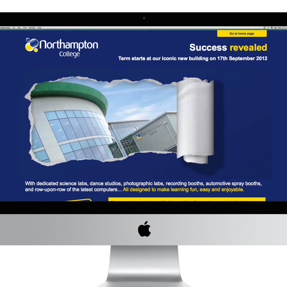 Glued Limited creative work: A computer screen displays the Northampton College website, designed with a torn paper effect revealing the college building. Text highlights "Success revealed" and details about new facilities—showcasing quality Wordpress website design and build at affordable prices.