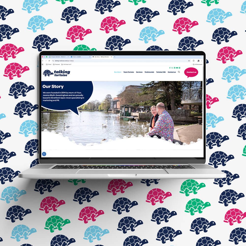 Glued Limited creative work: A laptop displaying the Our Story page of the Talking Tortoise WordPress website design and build at affordable prices, set against a colourful pattern of blue, pink, and green tortoise illustrations on a white background.