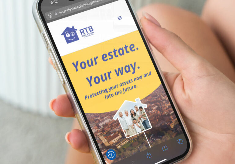 A person holds a smartphone showing a yellow and blue website, featuring the text Your estate. Your way. Protecting your assets now and into the future. Alongside a family photo and house logo, this Estate Planning tool ensures RTB Wills safeguard what matters most.