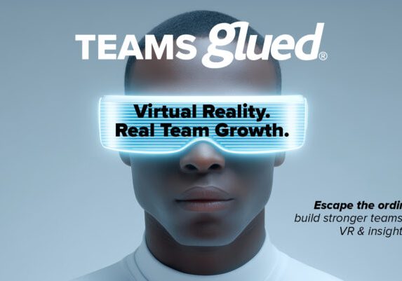 A person wearing futuristic VR goggles is centered on a light blue background. Above is Teams Glued. Goggles read Virtual Reality. Real Team Growth. Additional text promotes team building through VR with autumn taster events now available.